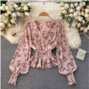 One Size-  Spring 2022 New Chiffon Blouse Female Sweet Wood Ears Waist